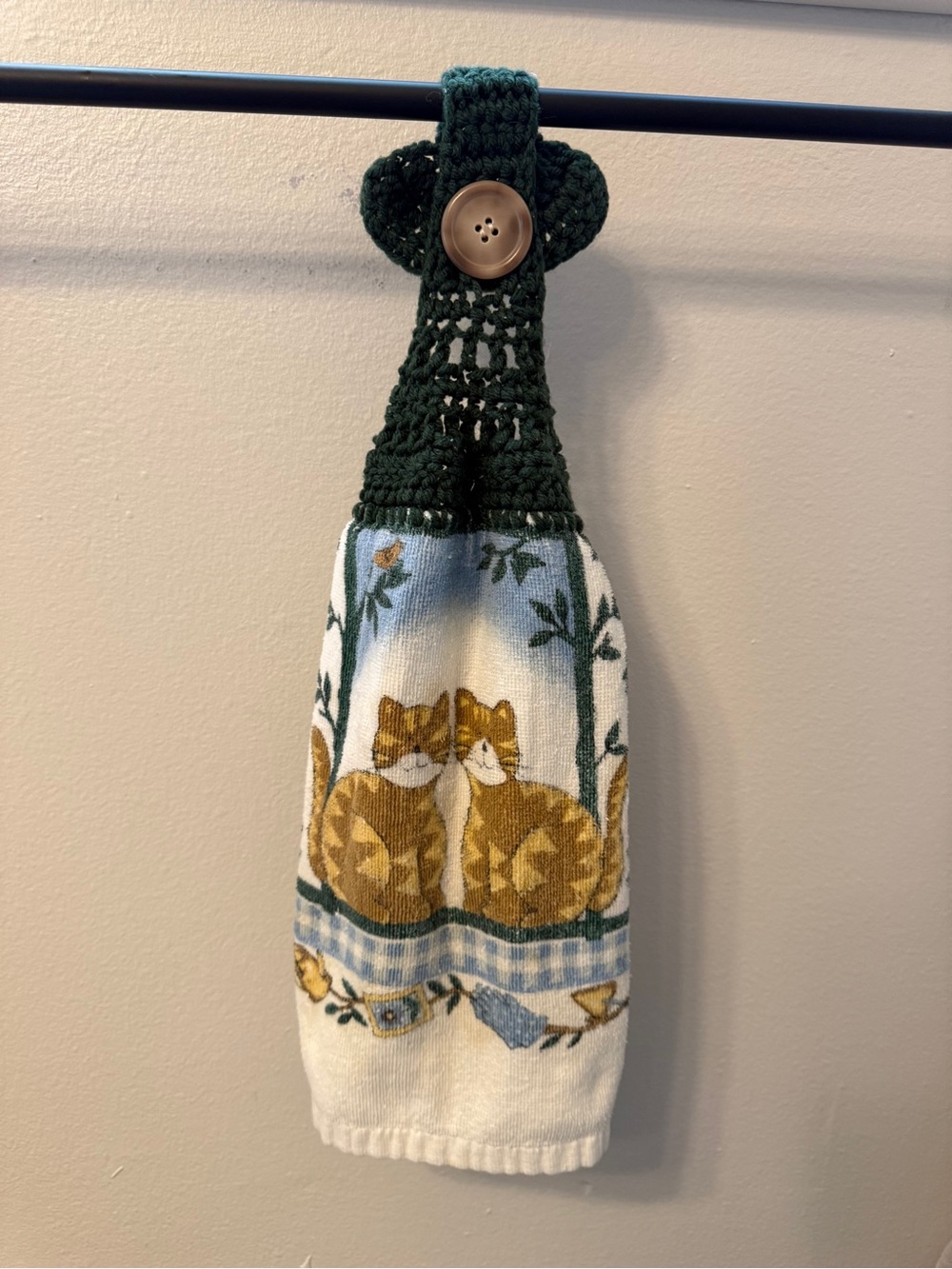 Vintage Hand Towel with Green Crochet Top and Cat Print